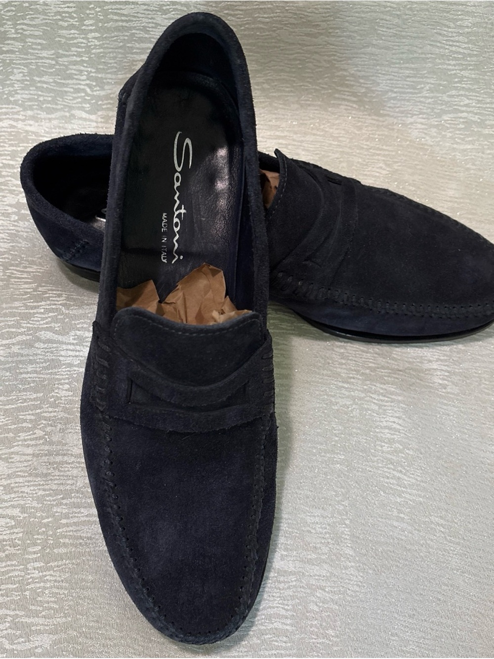 Santoni Men's Dark Navy Suede Penny Loafers Sz 10D